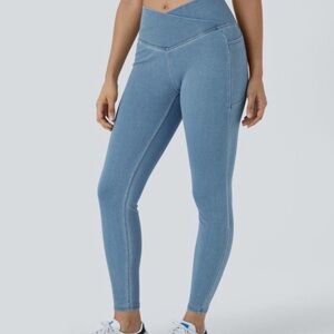 Halara Flex™ Crossover Side Pocket Washed Stretchy Knit Denim Work Leggings